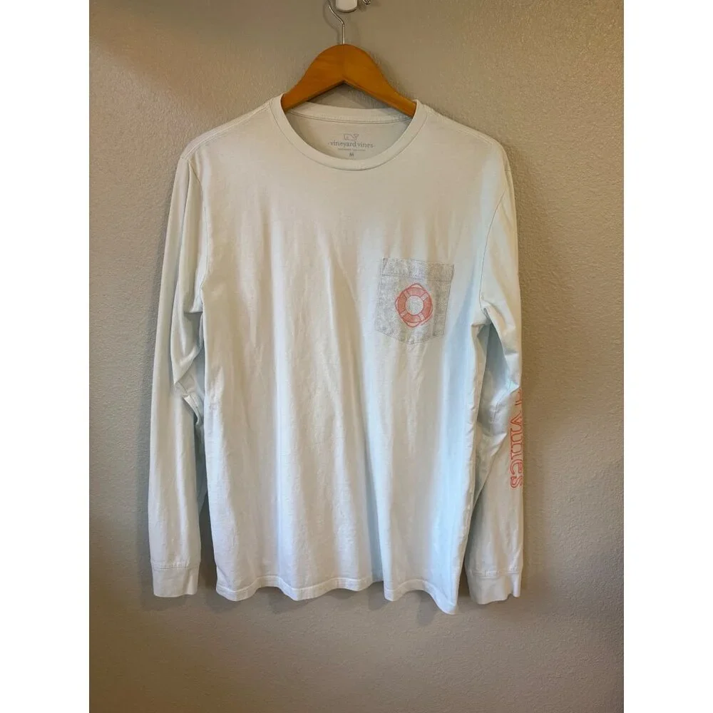 Vineyard Vines Long Sleeve T-Shirt Mens Medium Blue Life Ring Graphic Pocket Tee